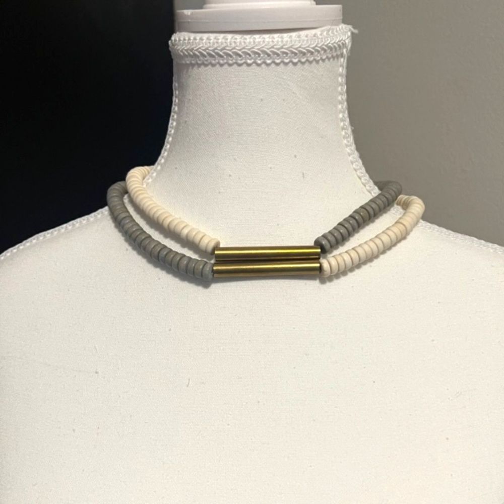 White Gray Beads Necklace Gold Tone Spacer Accent Fashion Long Necklace 36 inch